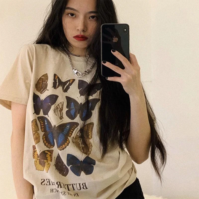 Vintage Butterfly Printed Letters Short Sleeve T-shirt Lovers-- Oversized T-Shirt Spandex breathable