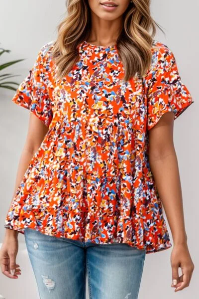 Hazel Blues® | Floral Round Neck Tiered Blouse Satin Bow Blouse