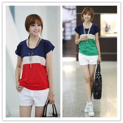 New Hot women fashion candy color strips chiffon blouse O neck short sleeve M L XL T- shirts for women summer plus size Off-Shoulder Wrap Blouse