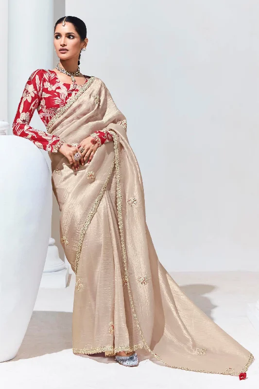 Cream Designer Saree With Designer Blouse Double-Layered Blouse