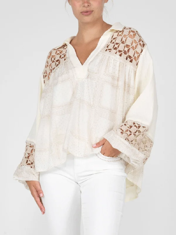 Miss Me MT2861L Womens Button Up Printed Blouse Ivory Lightweight Linen Blouse