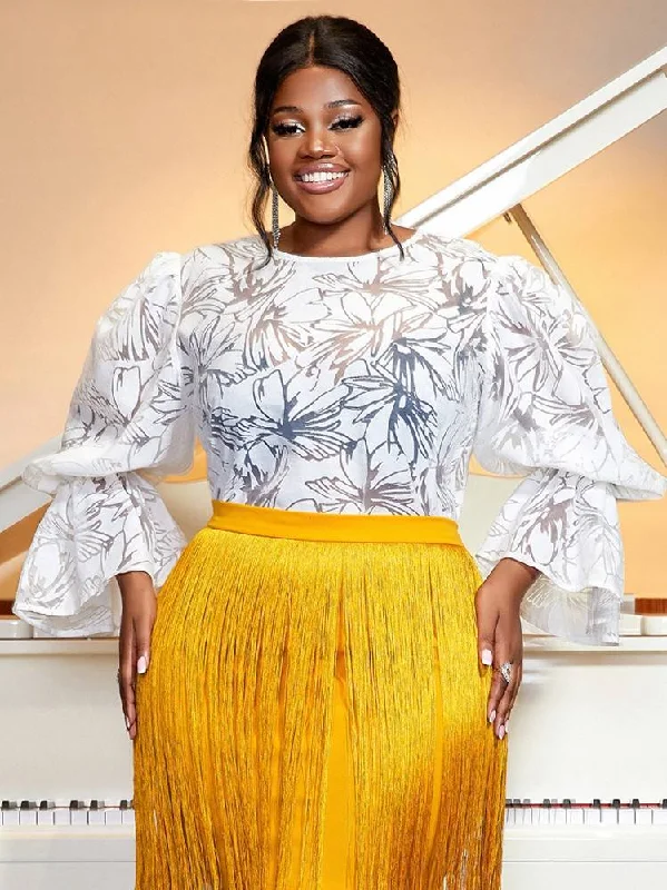 AOMEIDRESS Tulle Sexy Plus Size Party Blouse for Women Ruffles Long Sleeve Elegant Semi-Sheer Blouse