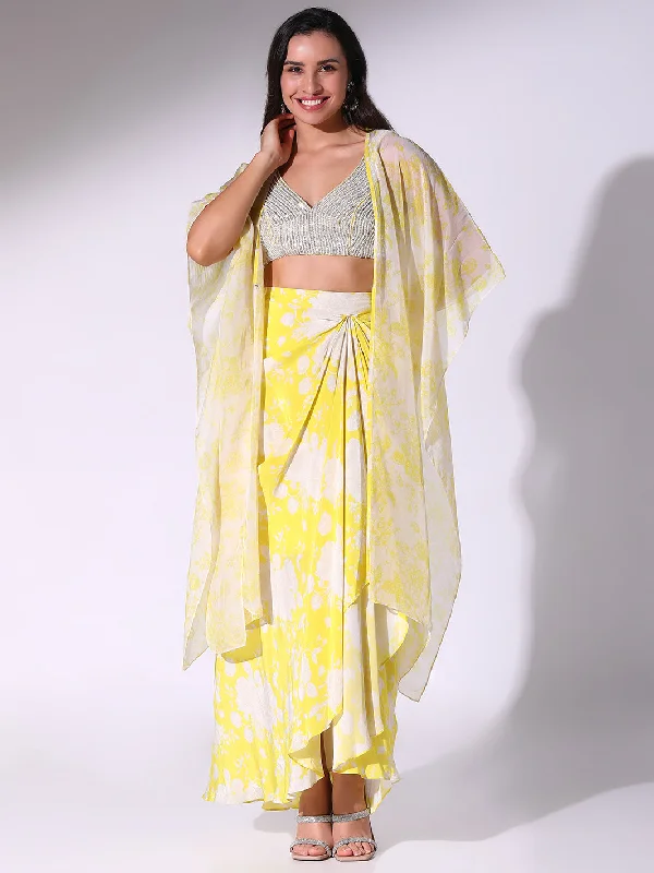 Lime Green Floral Printed Skirt, Blouse & Cape Set Mandarin Collar Blouse