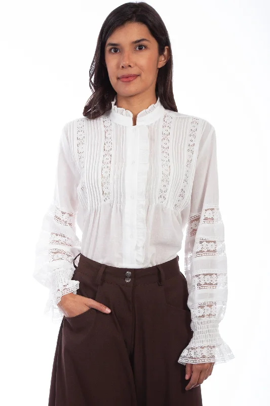 Scully Womens White Polyester Poet L/S Blouse Feminine Ruffle Blouse