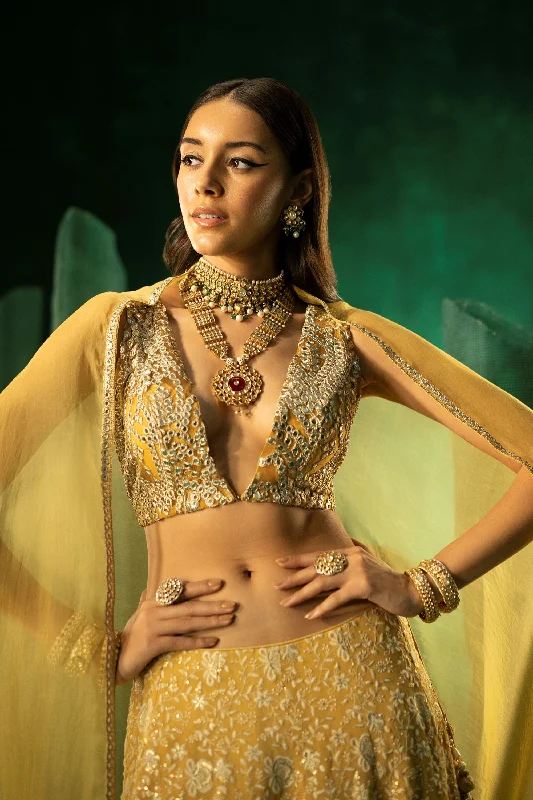 Golden Yellow Net Silver Zari Mirrorwork Sleeveless Blouse Textured Cotton Blouse