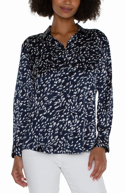 Flap Pocket Button Front Woven Blouse Balloon Sleeve Blouse