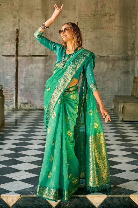 Tissue Silk Fabric Cyan Designer Weaving Work Saree With Alluring Blouse Floral Chiffon Blouse