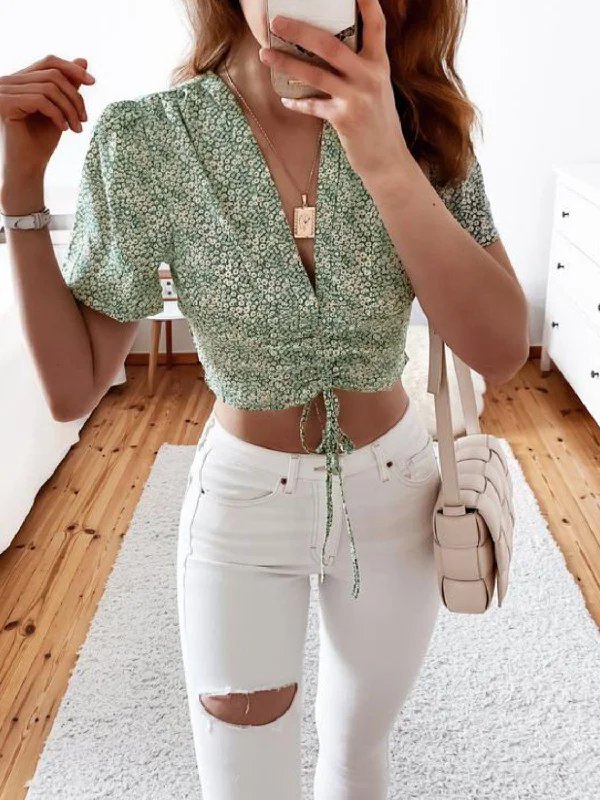 Floral Drawstring Deep V Cropped Blouse Balloon Sleeve Blouse