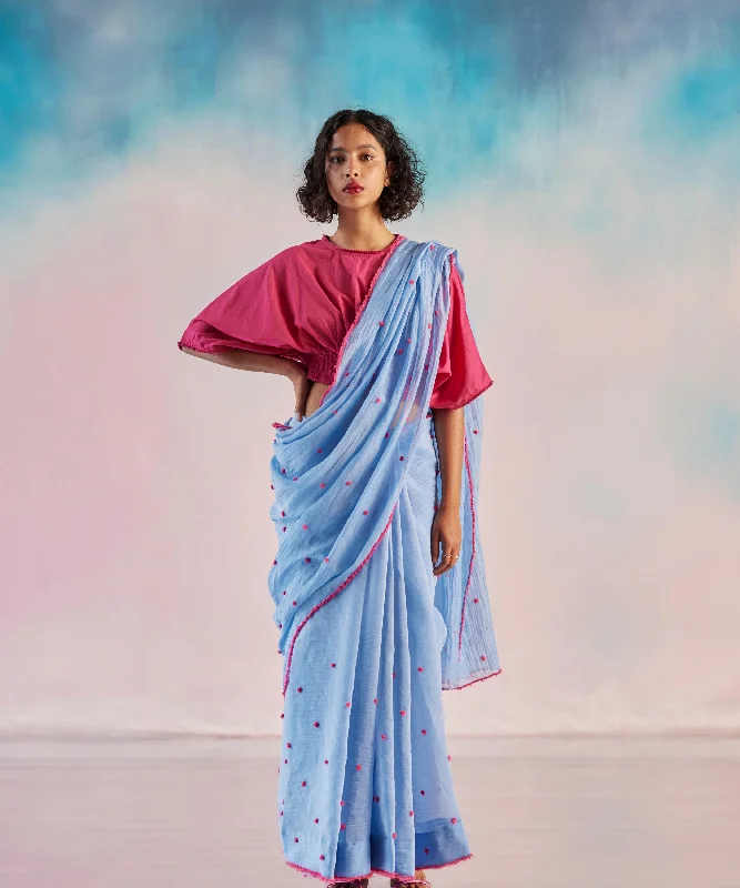 Pom Pom Emb Chanderi Saree With Blouse Sweetheart Neck Blouse
