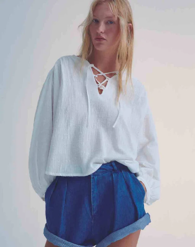 Melrose Natural Blouse with Lace up V-Neck Modern Oversized Blouse