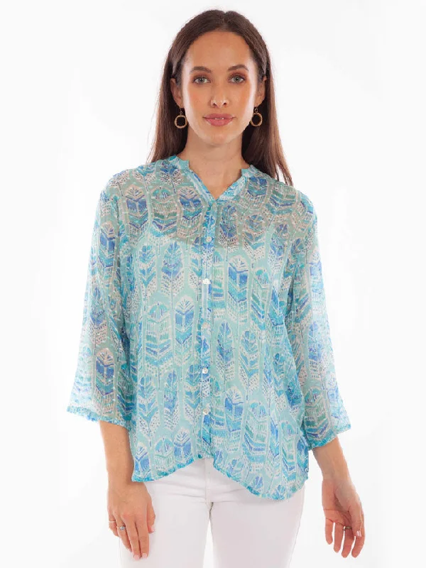Scully HC890 Womens Feather Print Western Blouse Sky Asymmetric Hem Blouse