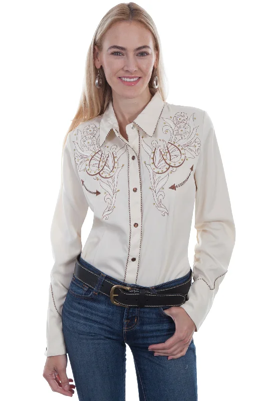 Scully Womens Cream Poly/Rayon Horseshoes L/S Blouse Business Casual Blouse