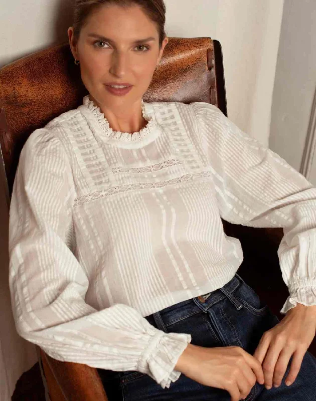 White Ruby Blouse with Pintucks at Neck and Hem | Seersucker and Lace Details Playful Puff Blouse