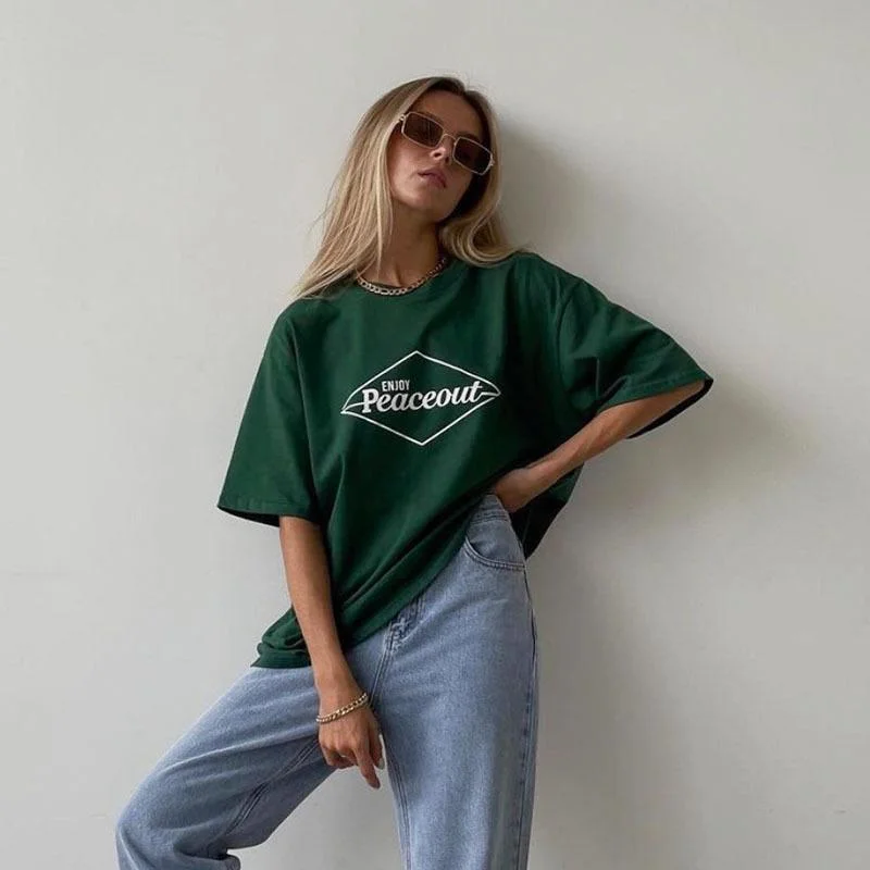 Summer Couple Solid Letter Loose Short Sleeve T-shirt-- Welt Pockets Slit Pockets