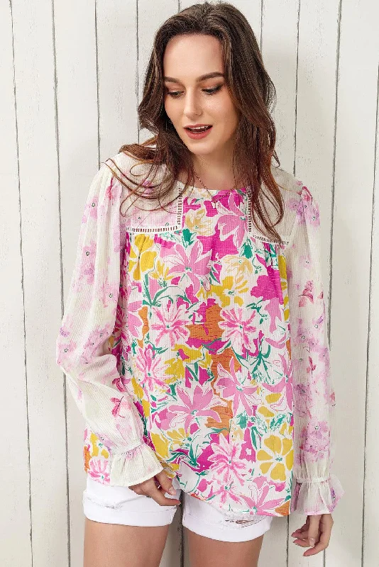 Floral Round Neck Flounce Sleeve Blouse Ruffled Neck Blouse