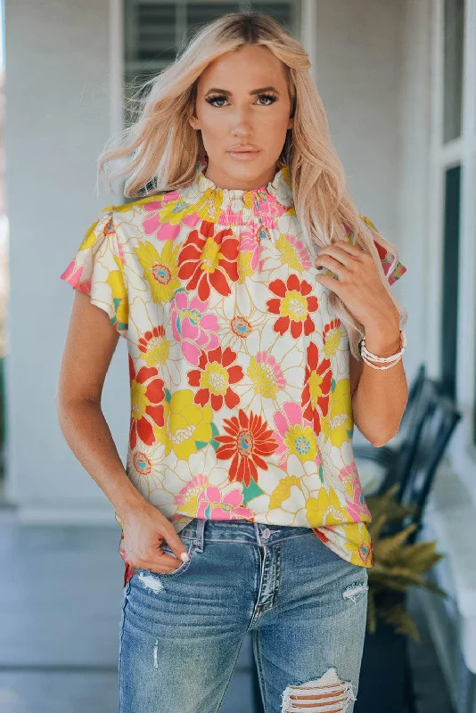 Floral Frill Neck Smocked Flutter Sleeve Blouse Boho Printed Blouse