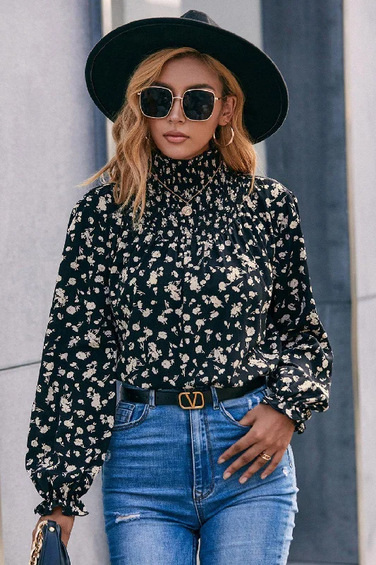 Floral Mock Neck Blouse Loose Fit Blouse