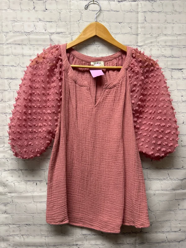 Size Small Ladies Pink Polka Dot Umgee Blouse Ruched Sleeve Blouse