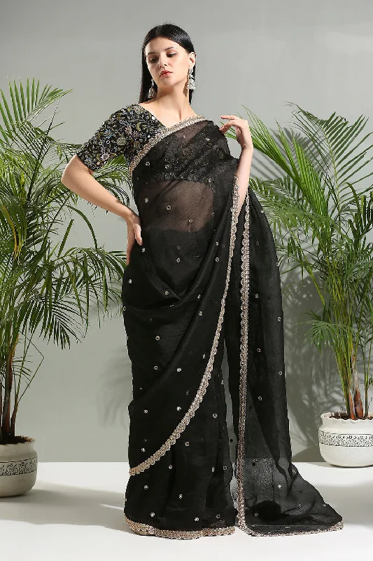 Black Organza Saree With Embroidered Blouse Embroidered Floral Blouse