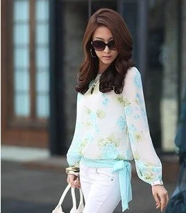 Fashion Women's Chiffon Floral Print Pattern Blouses Casual Puff Long Sleeve Shirt Tops Satin Bow Blouse