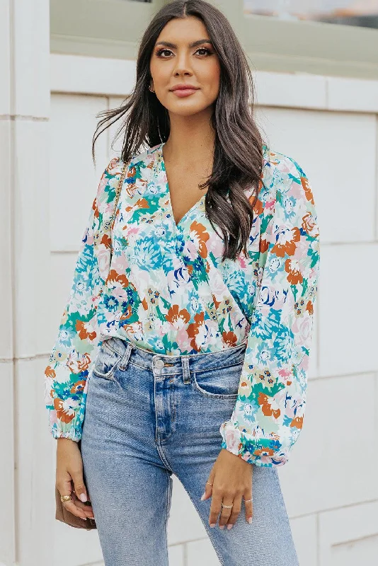 Floral Long Balloon Sleeve Blouse Soft Satin Blouse