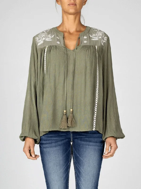 Miss Me MT2714L Womens Embroidered Peasant Blouse Olive Green Casual Relaxed Blouse