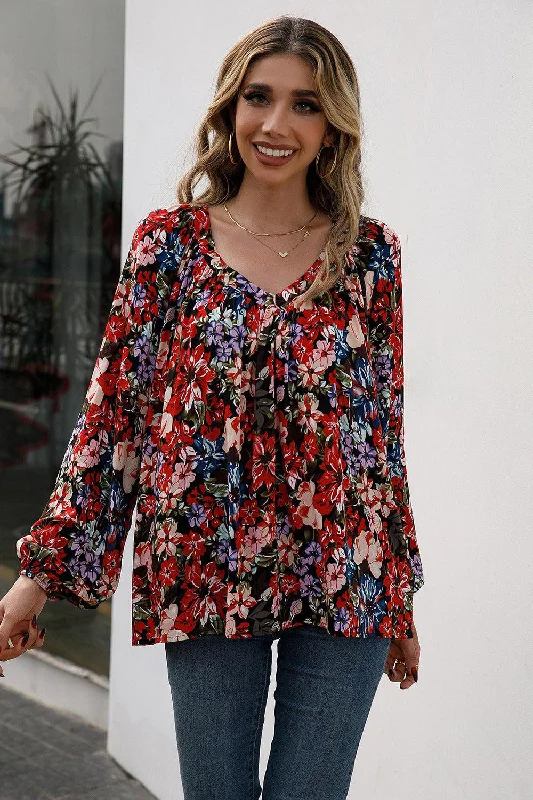 Floral Print Balloon Sleeve Ruched Blouse Peter Pan Blouse
