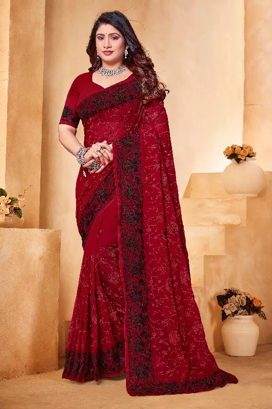 Red Embroidery Work Georgette Saree With Blouse Modern Oversized Blouse
