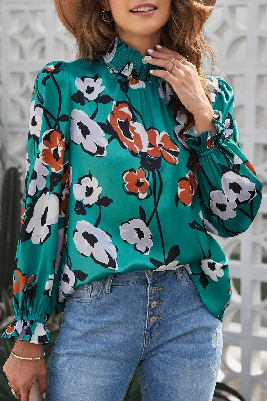 Floral Smocked Mock Neck Flounce Sleeve Blouse Casual Relaxed Fit Blouse