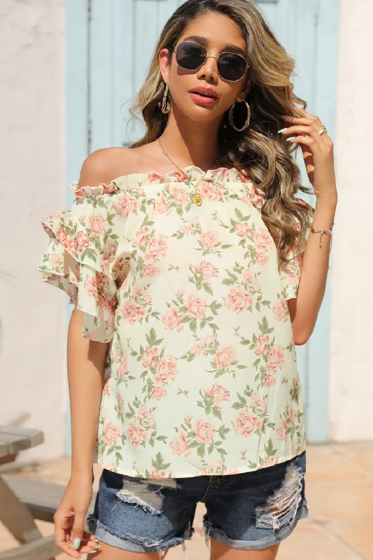Floral Frill Trim Off-Shoulder Blouse Drape Neck Blouse