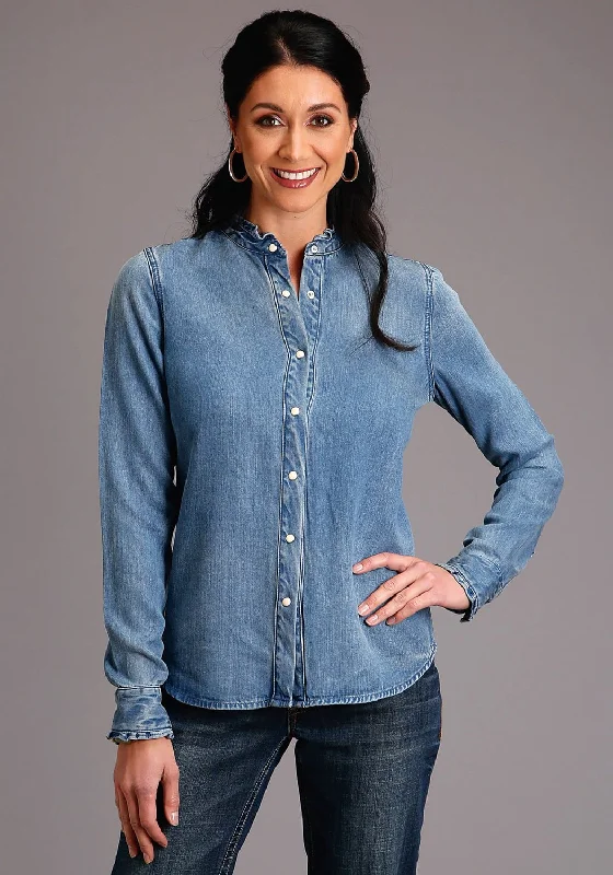 Stetson Womens Blue Denim Stand Collar L/S Ruffle Blouse Frilled Cuff Blouse