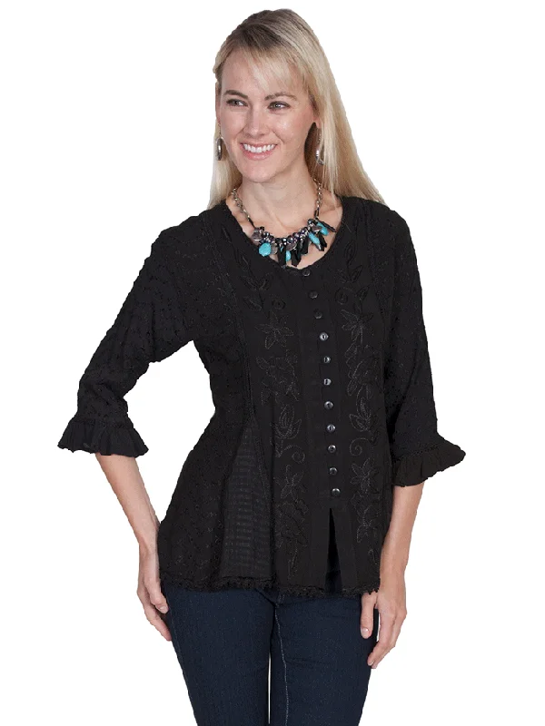 Scully HC67-BLK Womens Tonal Embroidered Blouse Black Embellished Collar Blouse