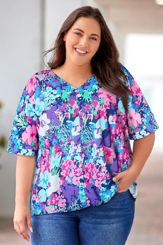 Floral Center Seam V-Neck Blouse Cotton Casual Blouse