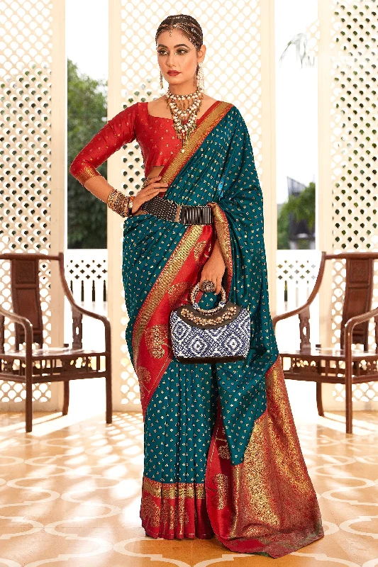 Charming Teal Banarasi Art Silk Festive Saree With Contrasting Blouse Loose Fit Blouse