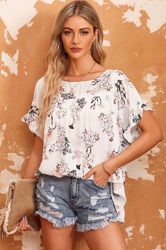 Floral Boat Neck Flounce Sleeve Blouse Elegant Lace Blouse