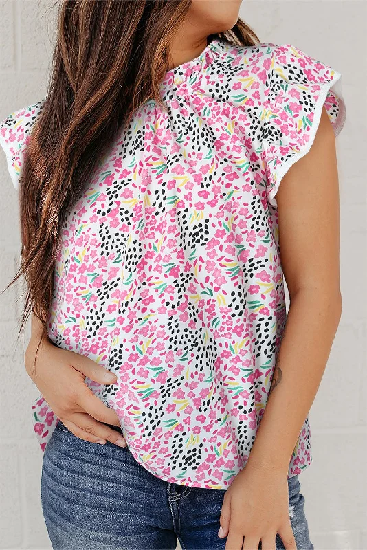 Floral Mock Neck Short Sleeve Blouse Feminine Pastel Blouse