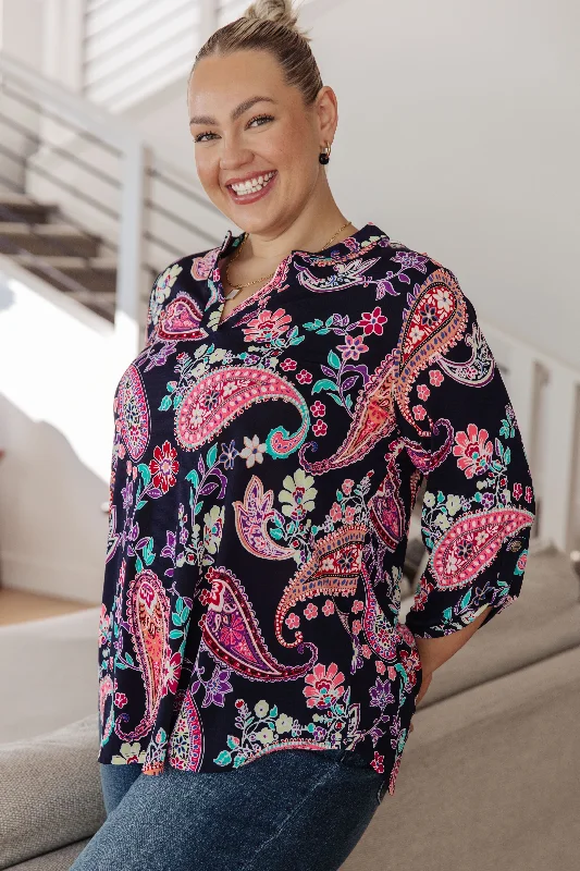 Hazel Blues® |  Little Lovely Blouse in Navy Paisley Satin Long Blouse