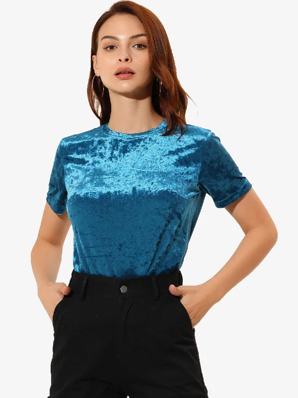 Velvet Top Crew Neck Short Sleeve Casual T-Shirt-- Solid Print Embellished
