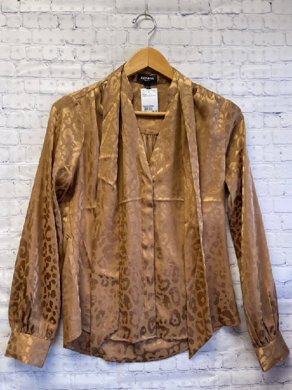 Size X-Small Ladies Tan Animal Print Express Blouse Embellished Collar Blouse