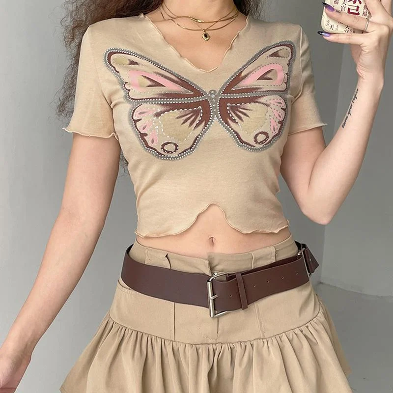 V-neck Butterfly Print T-shirt-- Knit Fabric Woven Fabric Fleece Fabric