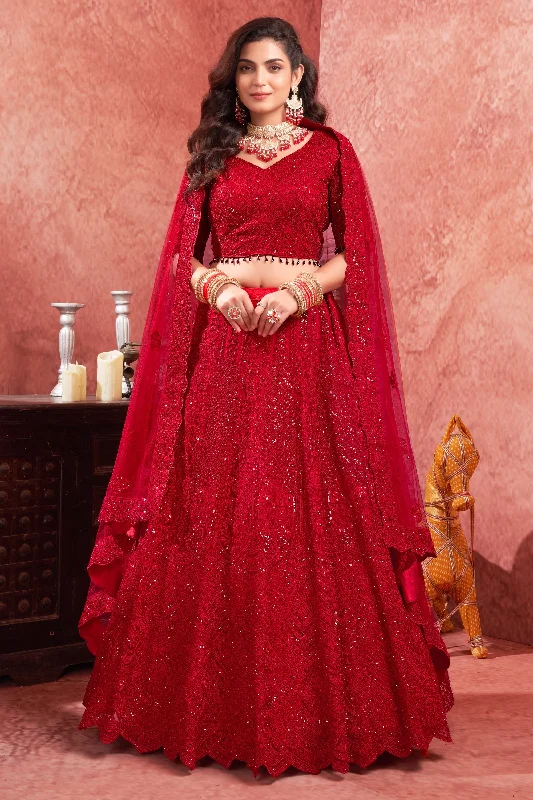 Embroidery Work Bridal Lehenga In Red Color Net Fabric With Blouse Double Button Blouse