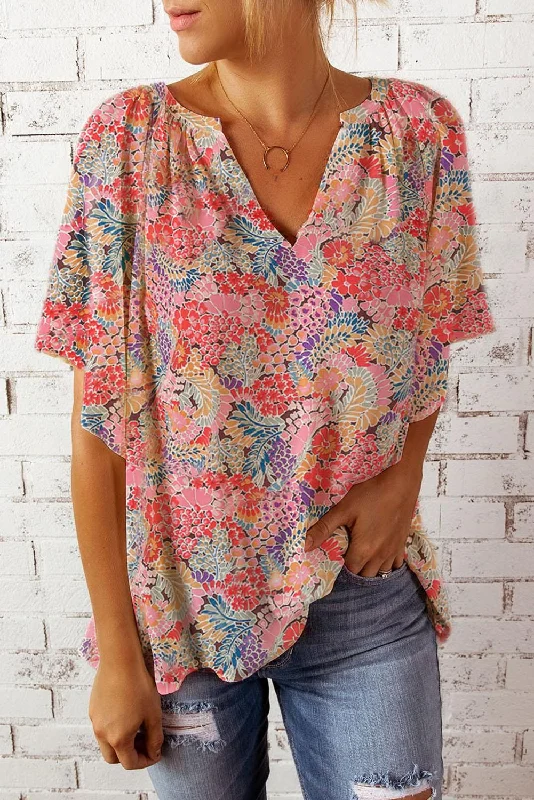 Floral Notched Neck Flutter Sleeve Blouse Classic White Blouse