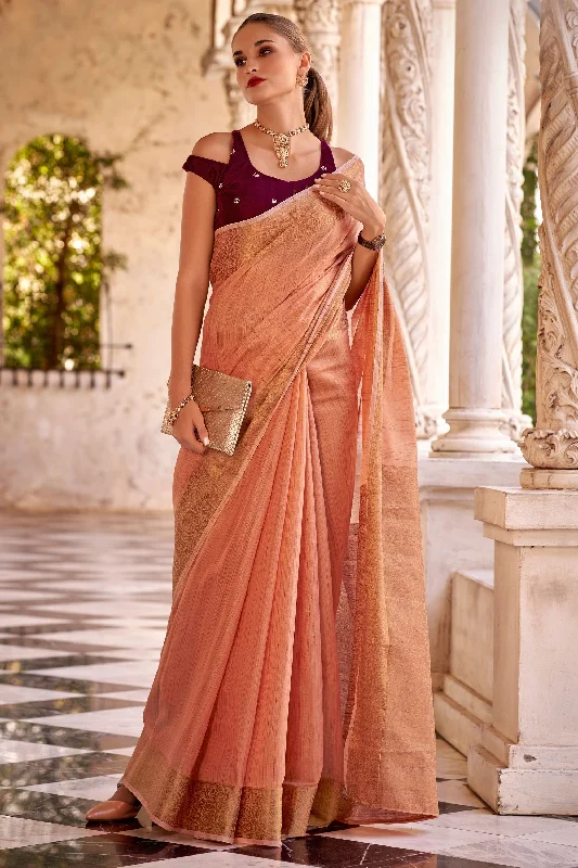 Orange Color Glorious Fancy Linen Saree With Velvet Blouse Lightweight Floral Blouse