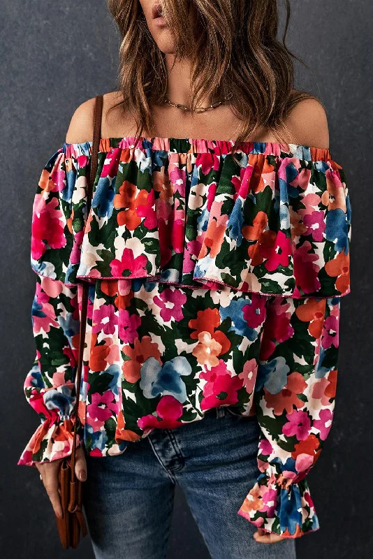 Floral Off-Shoulder Flounce Sleeve Layered Blouse Casual Button Blouse