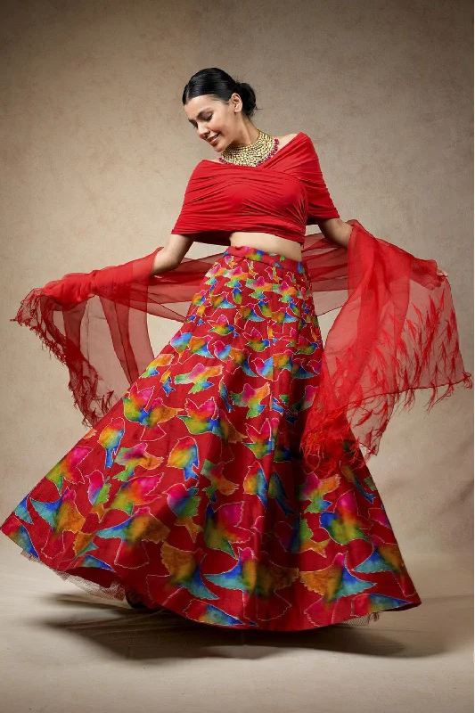 Hand Embroidred Lehenga With Drape Blouse And Feather Dupatta Sheer Mesh Blouse