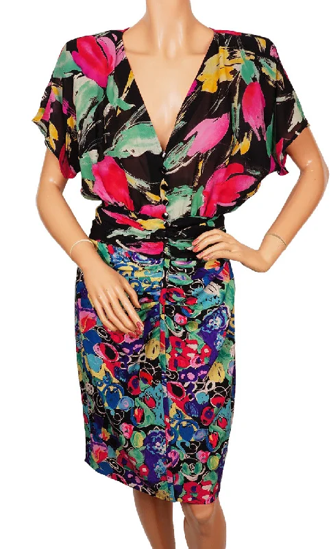 Vintage 1980s Ungaro Parallele Separates Blouse & Skirt Floral Silk Size S / M Office Formal Blouse