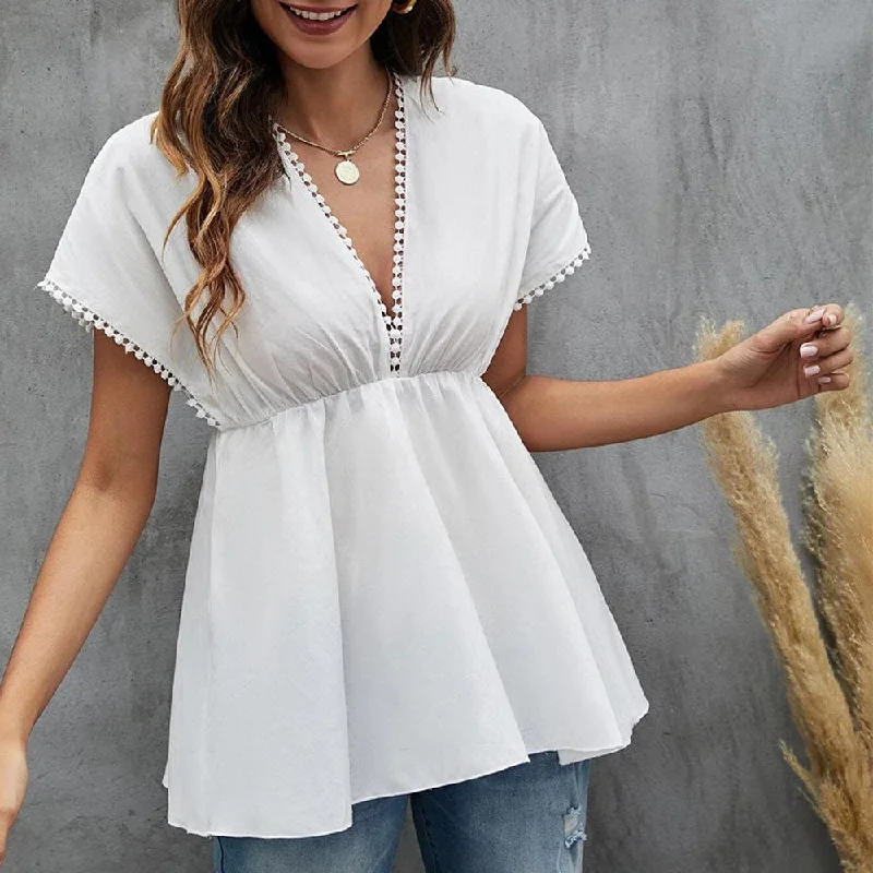 Tassel Edge Design V-neck Commuter Solid T-shirt-- Elegant Classic Vintage