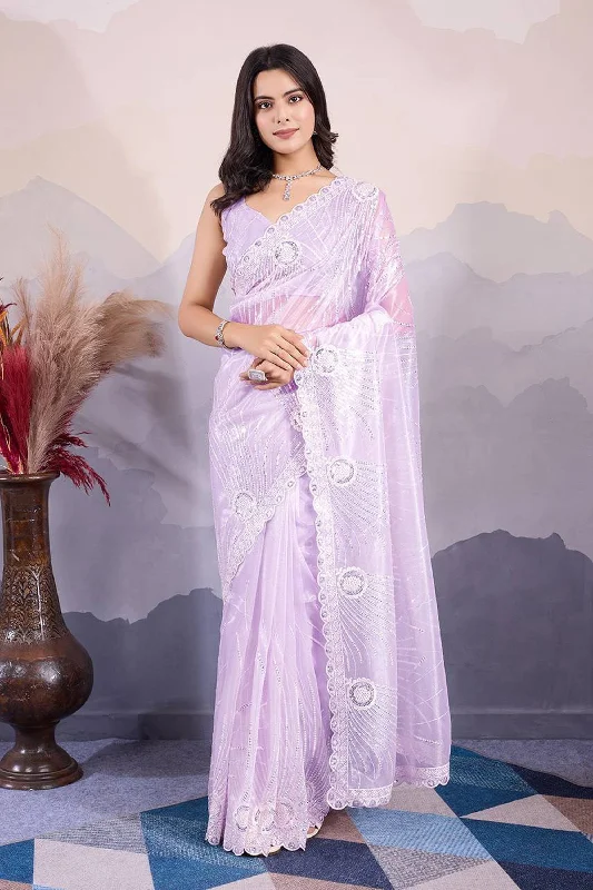 Sequins Work Lavender Designer Saree With Gorgeous Blouse Bell Sleeve Blouse