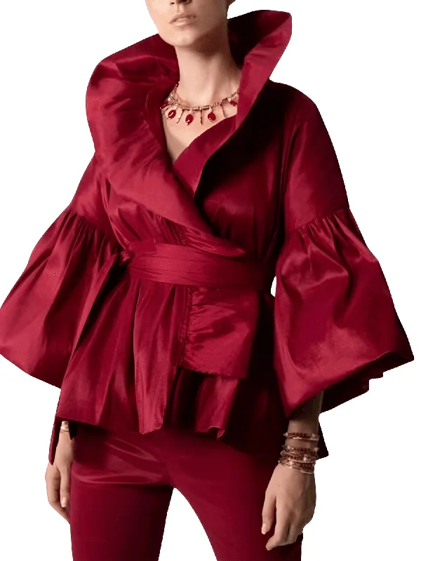 Long Sleeve Women's Vintage Ruffles Blouse Office Lady Lapel Collar Elegant Shirt Woman Fashion Double Button Blouse