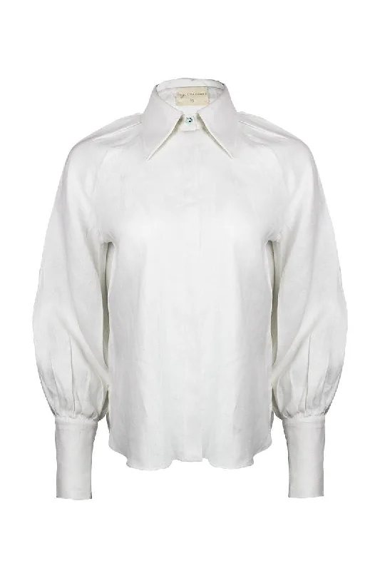 LAPIZ PUFF SLEEVE LINEN BLOUSE Elegant Peplum Blouse